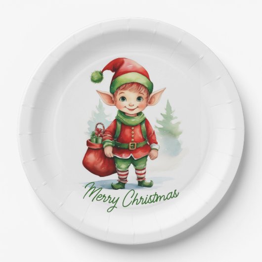 ギフトの袋を持つクリスマス小妖精や小人 ペーパープレート (正面)