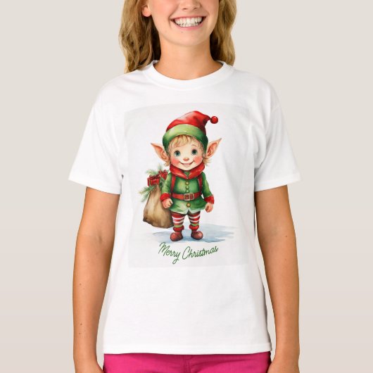 ギフトの袋を持つクリスマス小妖精や小人 Tシャツ (正面)