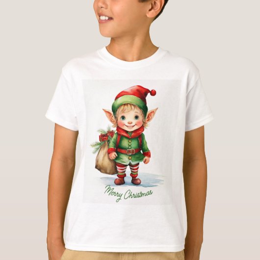 ギフトの袋を持つクリスマス小妖精や小人 Tシャツ (正面)