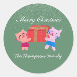 ギフトよくはしゃぐボックス苔の緑のクリスマスの猫 ラウンドシール