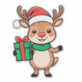 ギフトを手に入れたかわいいクリスマスのトナカイ シール (正面)