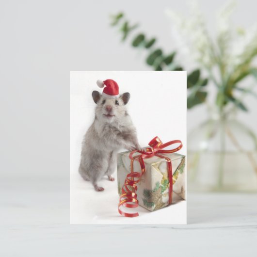 ギフトを持つサンタクロースのハムスター シーズンポストカード (スタンド正面)