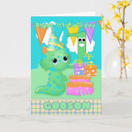 ギフトを持つGodsonの第1誕生日のかわいく小さいモンスター カード (黄色い花)