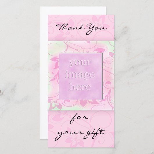 ギフトを-ピンクのフォトカードありがとう サンキューカード (正面/裏面)