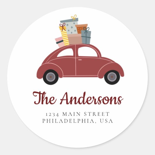 ギフトアドレスのスタックと赤いホリデーカー ラウンドシール (正面)