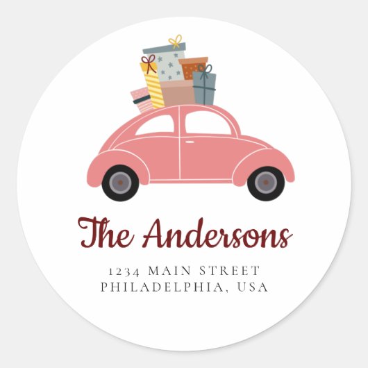 ギフトアドレスのスタック付きピンクのホリデーカー ラウンドシール (正面)