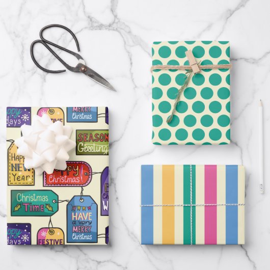 ギフトカラフルラベル包装紙セット3 ラッピングペーパーシート (正面)