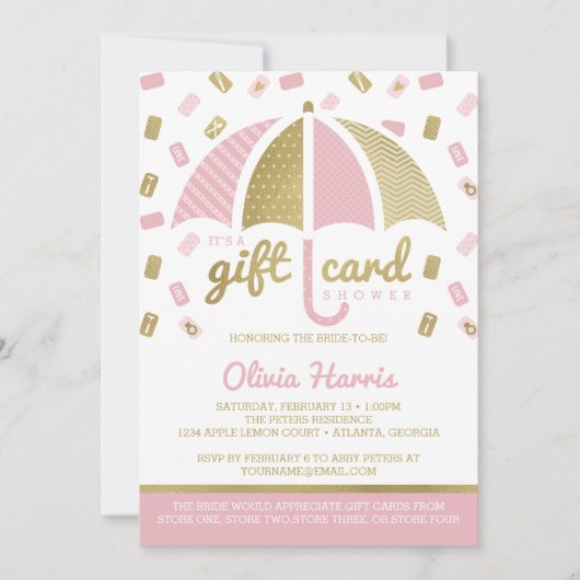 ギフトカードブライダルシャワー招待状、ピンク、フェイク金ゴールド 招待状 (正面)