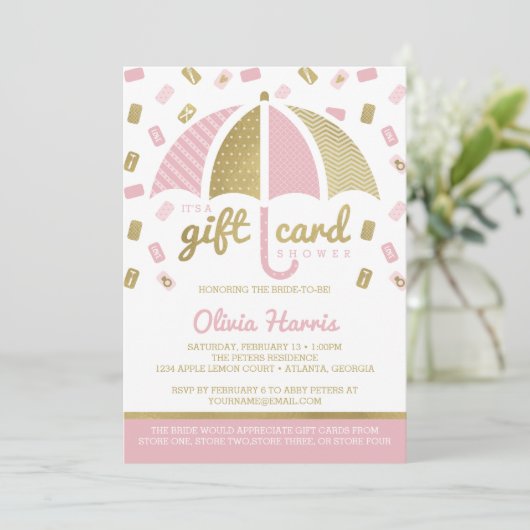 ギフトカードブライダルシャワー招待状、ピンク、フェイク金ゴールド 招待状 (スタンド正面)
