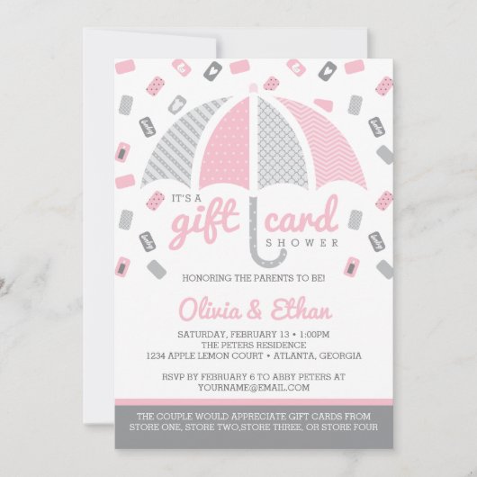 ギフトカード赤ちゃんシャワー招待状、ピンク、グレー 招待状 (正面)