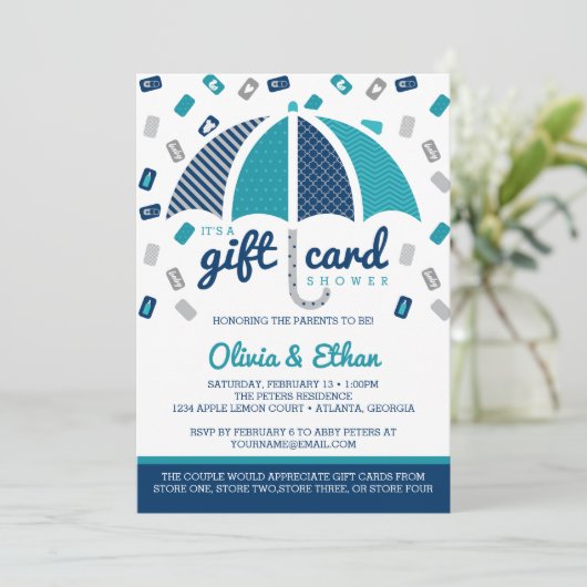 ギフトカード赤ちゃんシャワー招待状,海軍,ティール(緑がかった色) 招待状 (スタンド正面)