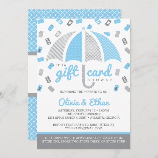 ギフトカード赤ちゃんシャワー招待状,赤ちゃんブルー,グレー 招待状 (正面/裏面)