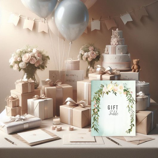 ギフトテーブルグリーンホワイトローズベビー散水シャワー ポスター