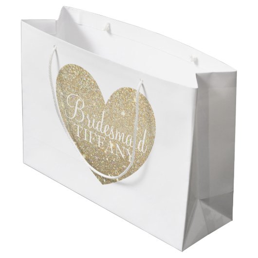 ギフトバッグ-金ゴールドのグリッターのハートのすてきな新婦付添人 ラージペーパーバッグ (裏面アングル)
