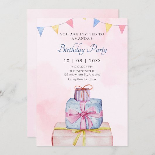 ギフトパステルピンクの青の誕生日 招待状 (正面/裏面)