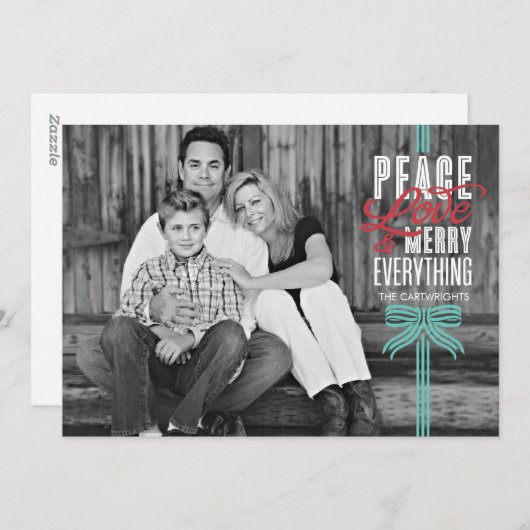 ギフトブルーリボン包まれたホリデーフォトカード シーズンカード (正面/裏面)