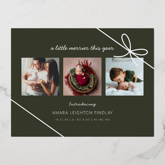 ギフトボウ新生児写真ホリデー誕生のお知らせ 箔招待状ポストカード (裏面)