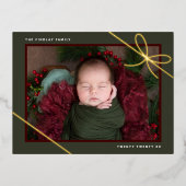ギフトボウ新生児写真ホリデー誕生のお知らせ 箔招待状ポストカード (正面)