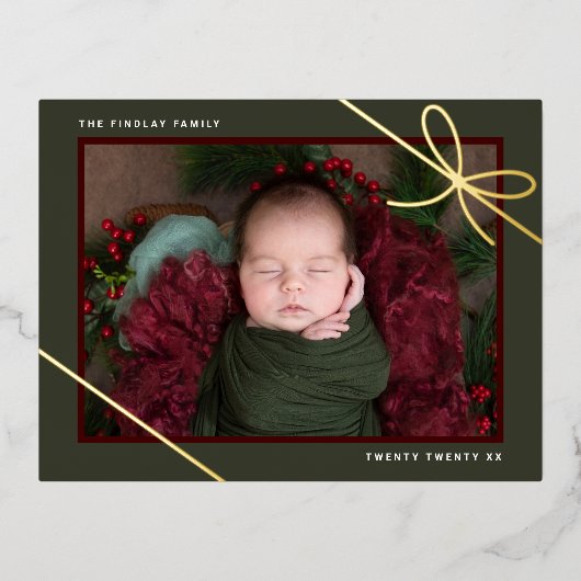 ギフトボウ新生児写真ホリデー誕生のお知らせ 箔招待状ポストカード (正面)