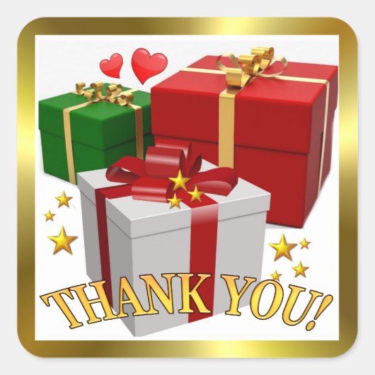 ギフトボックスとハート感謝の正方形ステッカー スクエアシール (正面)