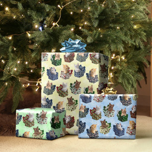 ギフトボックスに収めたかわいいクリスマスの子猫 ラッピングペーパーシート