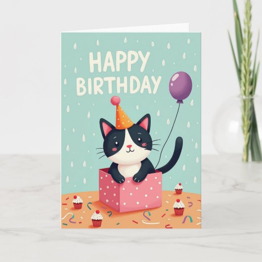 ギフトボックスの猫の誕生日カード カード (正面)
