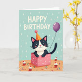 ギフトボックスの猫の誕生日カード カード (黄色い花)