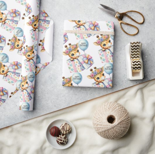 ギフトボックスベビーキリン驚きハッピーバースデー ラッピングペーパー (クラフト)