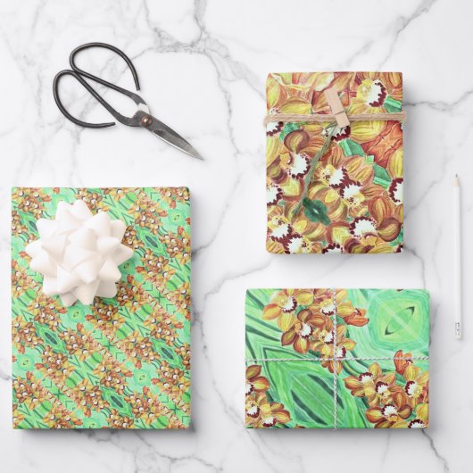 ギフトラップシートセット – オレンジと黄色の蘭 ラッピングペーパーシート (正面)
