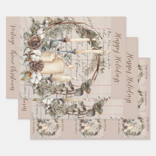 ギフトラップセット3ヴィンテージテーマクリスマス ラッピングペーパーシート (セット)