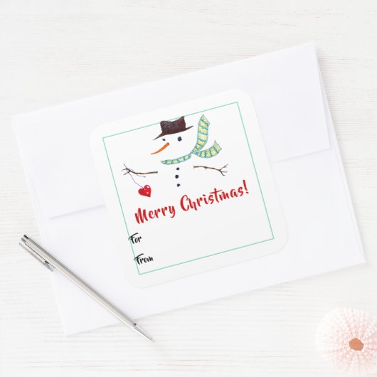 ギフトラベルクリスマスアート雪だるまとハート スクエアシール (封筒)