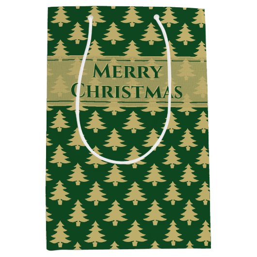 ギフトラベル名:メリークリスマス金ゴールドツリーパターン ミディアムペーパーバッグ (正面)