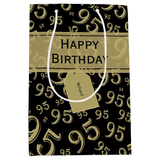 ギフトラベル誕生日95ナンバーパターンブラック/金ゴールド ミディアムペーパーバッグ (正面)