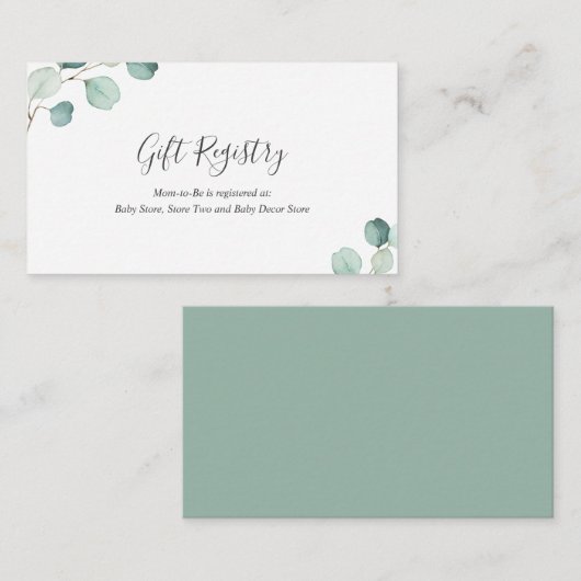 ギフトレジストリ緑のユーカリ赤ちゃんシャワー エンクロージャーカード (正面/裏面)