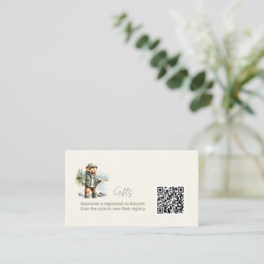 ギフトレジストリQRコードかわいい魚釣りテディベア エンクロージャーカード (スタンド正面)