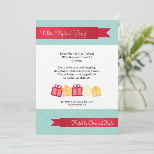 ギフト交換赤いリボンの淡青色のクリスマス・パーティ 招待状 (スタンド正面)