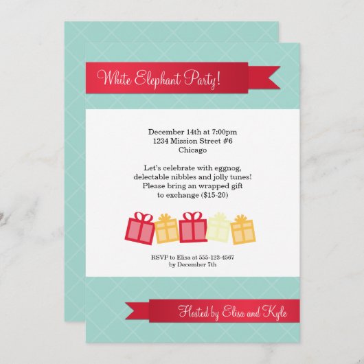 ギフト交換赤いリボンの淡青色のクリスマス・パーティ 招待状 (正面/裏面)
