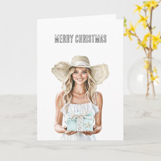 ギフト付きクリスマスの女性 カード (黄色い花)