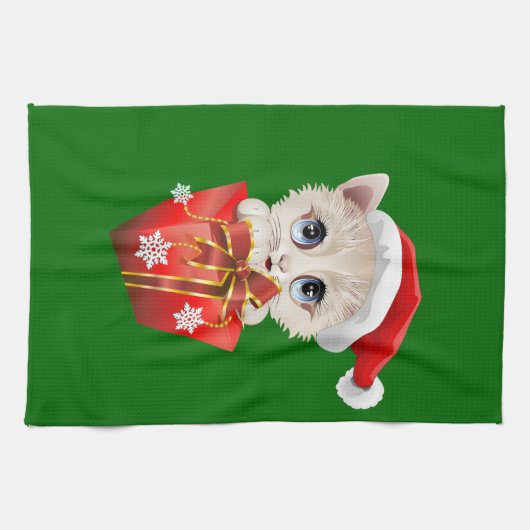 ギフト付きクリスマスサンタを子猫 キッチンタオル (横)
