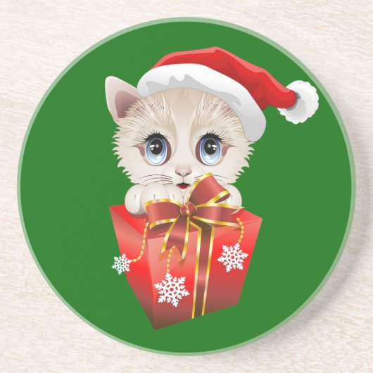 ギフト付きクリスマスサンタを子猫 コースター (正面)