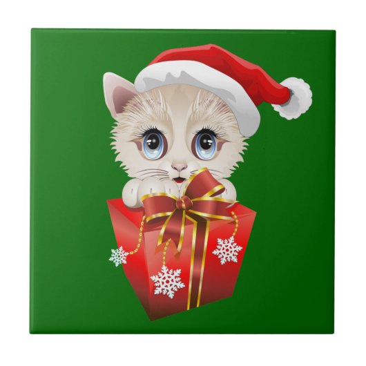 ギフト付きクリスマスサンタを子猫 タイル (正面)