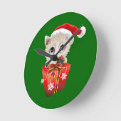 ギフト付きクリスマスサンタを子猫 ラウンド壁時計 (傾斜)