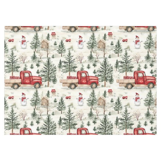 ギフト付き赤トラックと雪だるま媒体 テーブルクロス (正面(横))