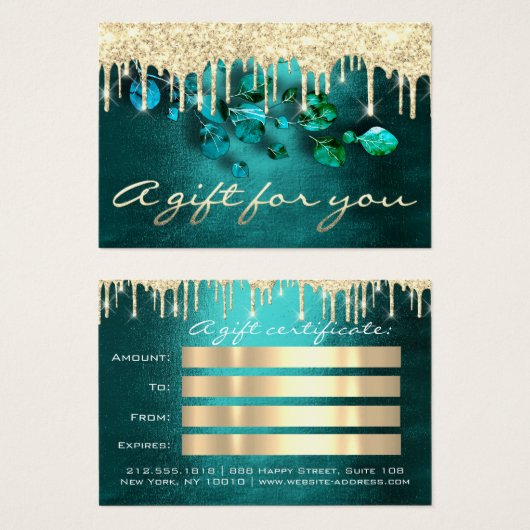 ギフト券ティール（緑がかった色）ドリップスアイカズメイクアップヘア (正面&裏面)