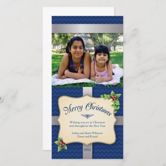 ギフト包まれたブルーシェブロンクリスマス シーズンカード (正面/裏面)