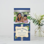 ギフト包まれたブルーシェブロンクリスマス シーズンカード (スタンド正面)