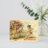 ギフト及びバラのヴィンテージのバレンタインの天使及びワゴン シーズンポストカード (スタンド正面)