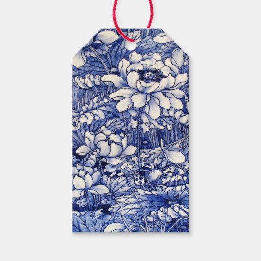ギフト日本のラベル花柄ブルー及びホワイト ギフトタグ (正面)