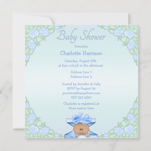 ギフト用の箱およびバラのベビーシャワーの民族の男の赤ちゃん 招待状 (裏面)