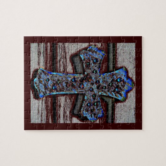 ギフト用の箱が付いている青い十字の写真のパズル ジグソーパズル (横)